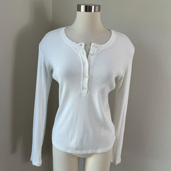 Theory Womens Large White Long Sleeve Henley Shirt Ribbed Stretch Top - Picture 1 of 8